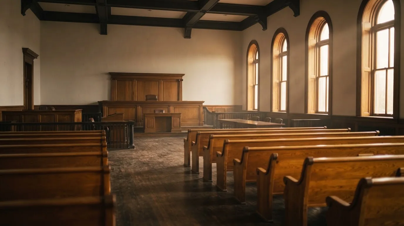 An empty courtroom with wooden benches in morning light