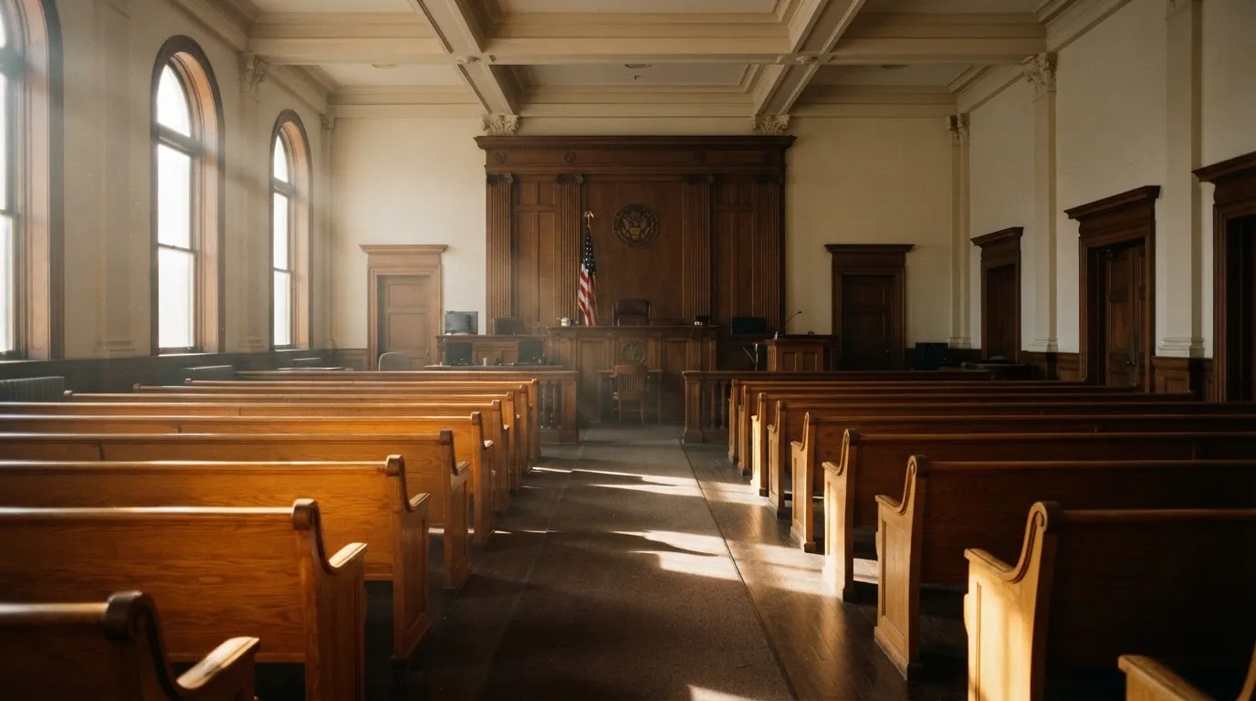 An empty courtroom with wooden benches in morning light