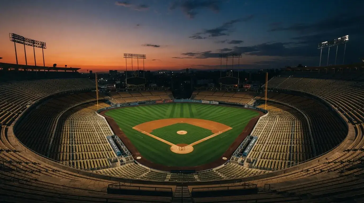 An empty football stadium with floodlight masts at dusk