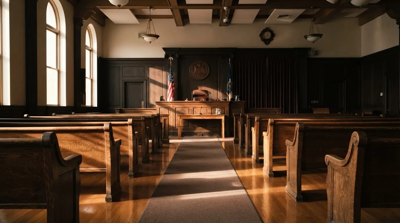 An empty courtroom with wooden benches in morning light