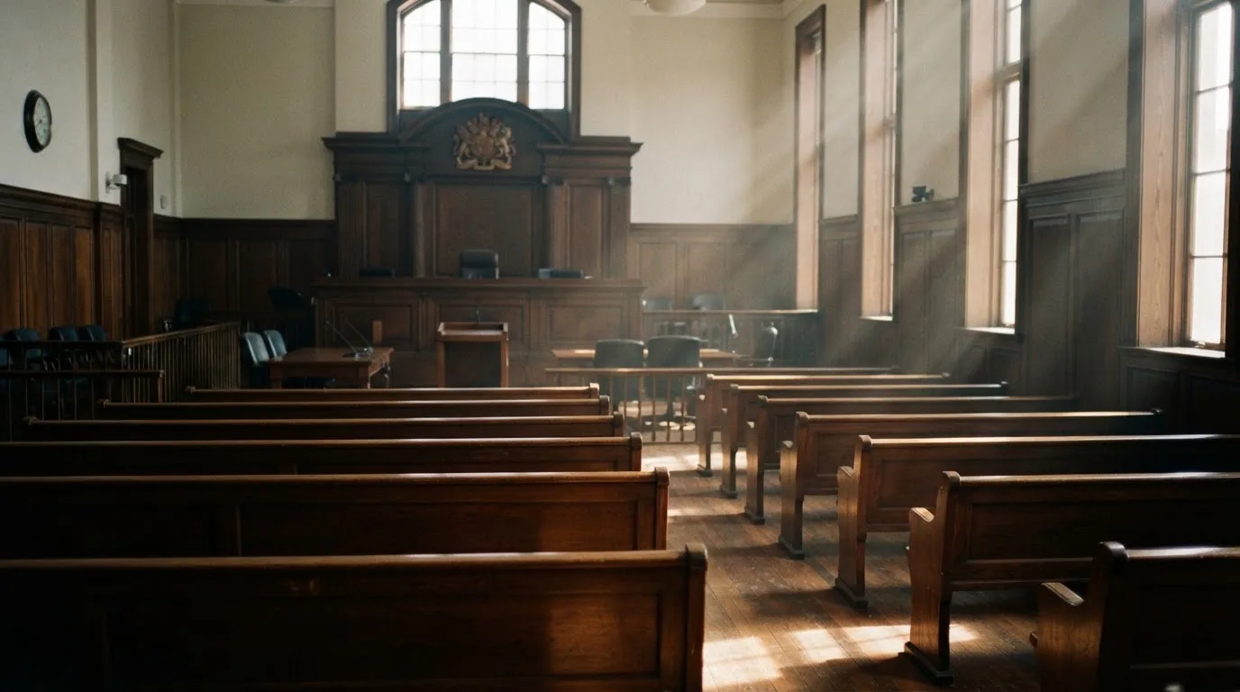 An empty courtroom with wooden benches in morning light