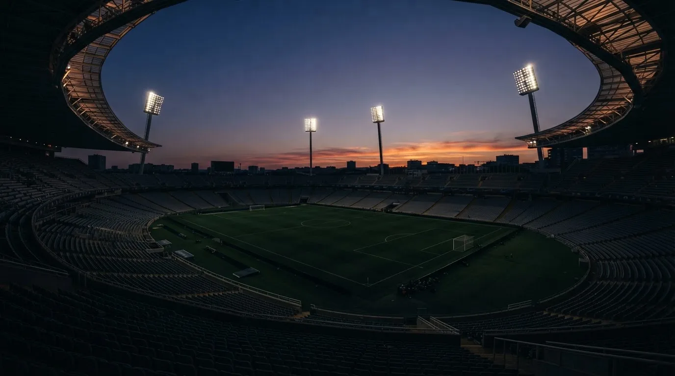 An empty football stadium with floodlight masts at dusk