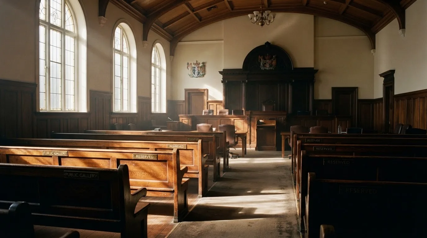 An empty courtroom with wooden benches in morning light