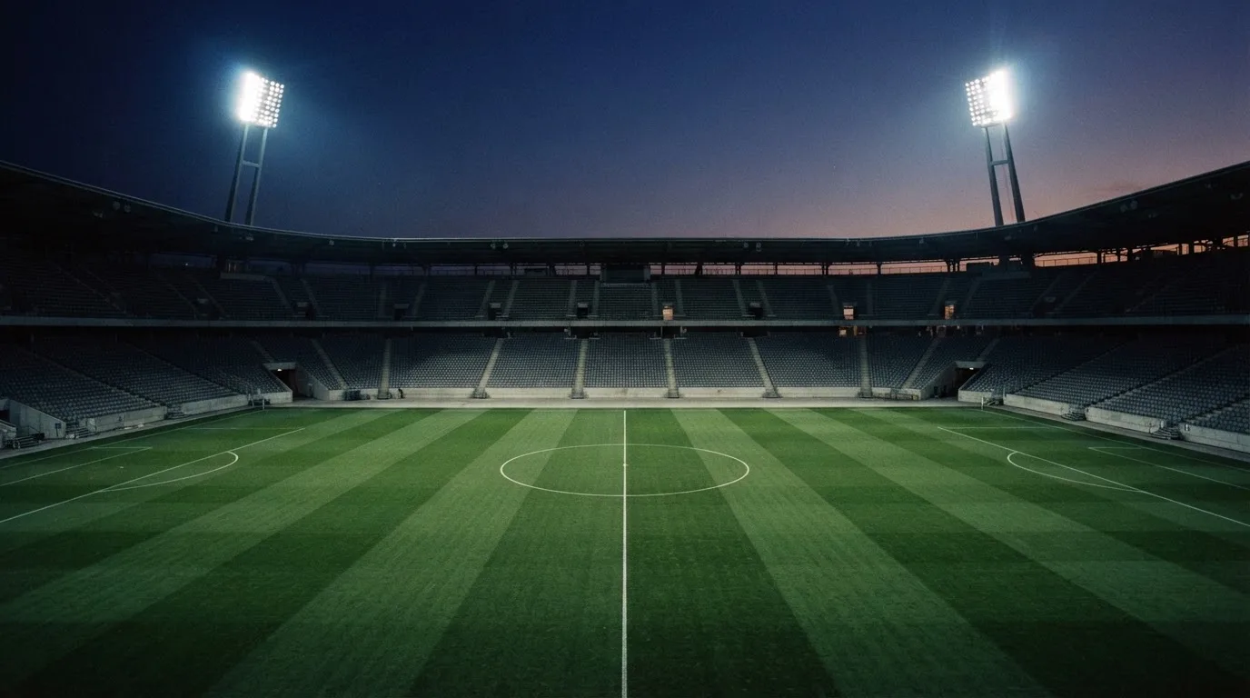 An empty football stadium with floodlight masts at dusk