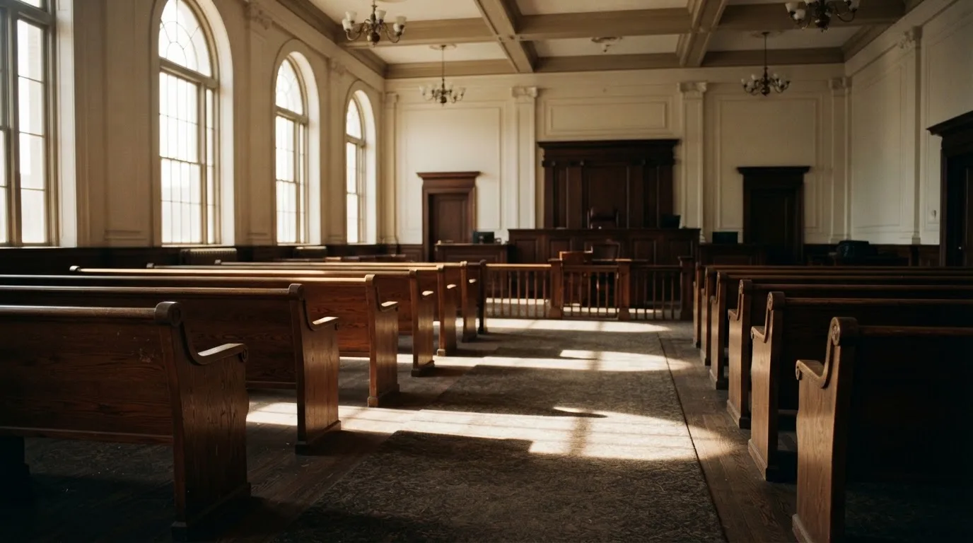 An empty courtroom with wooden benches in morning light