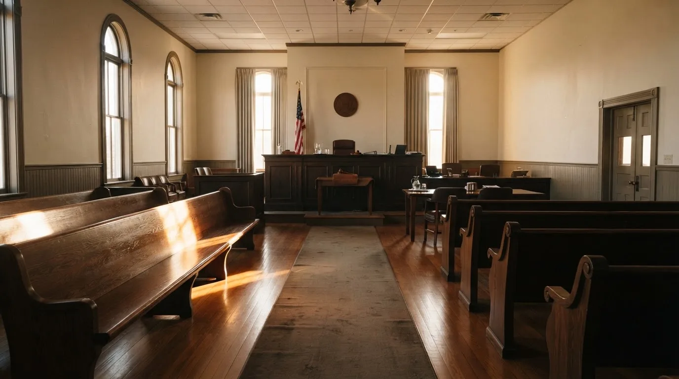 An empty courtroom with wooden benches in morning light
