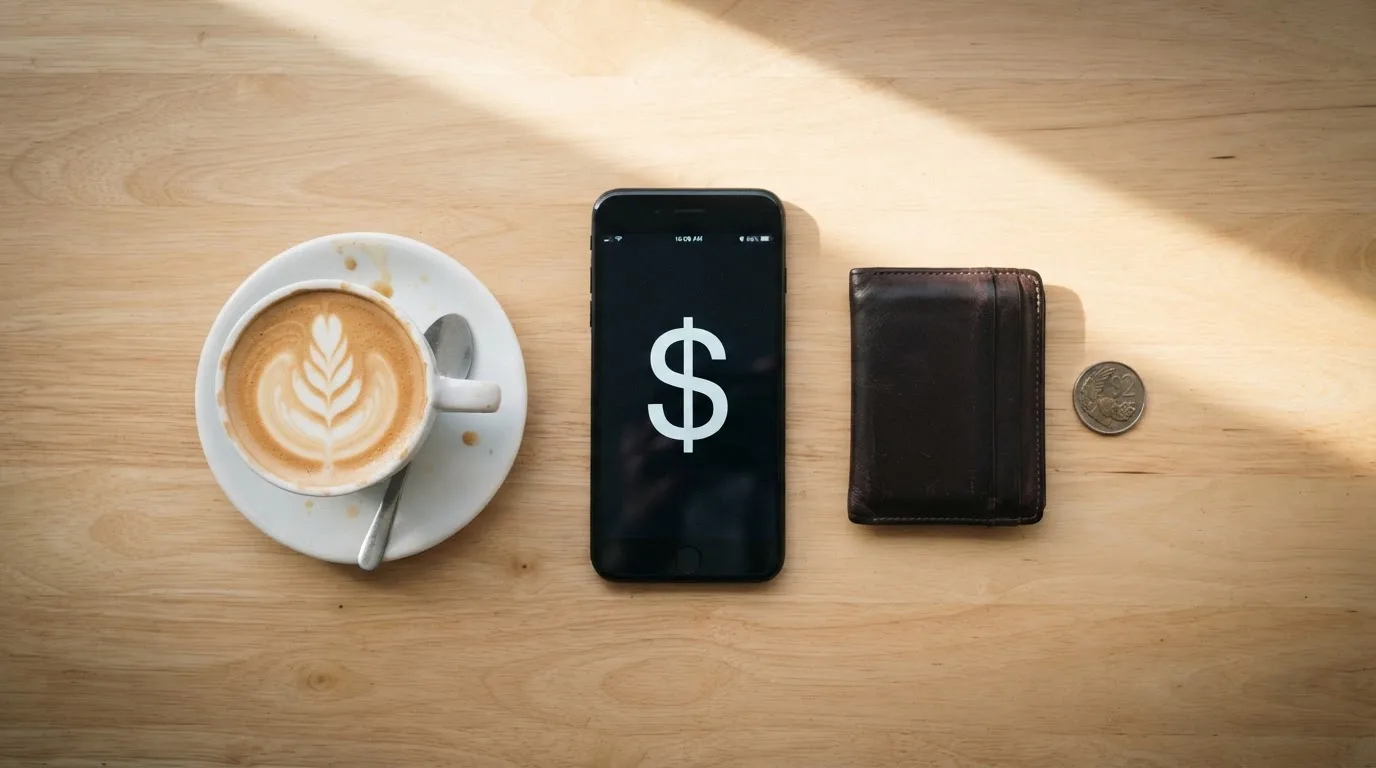 A smartphone on a wooden table beside a wallet and a coffee cup