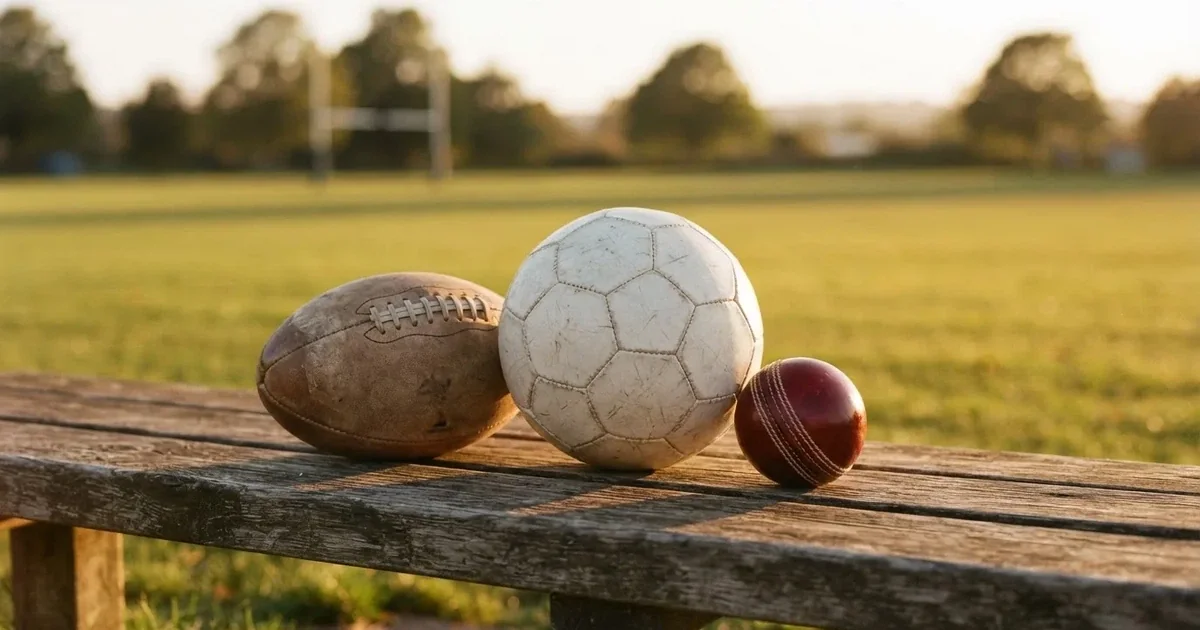 Three balls of different kinds side by side on a wooden bench