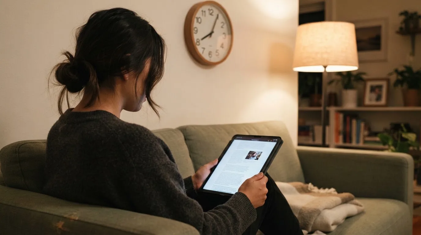 A person on a sofa looking thoughtfully at a tablet, a wall clock in the background
