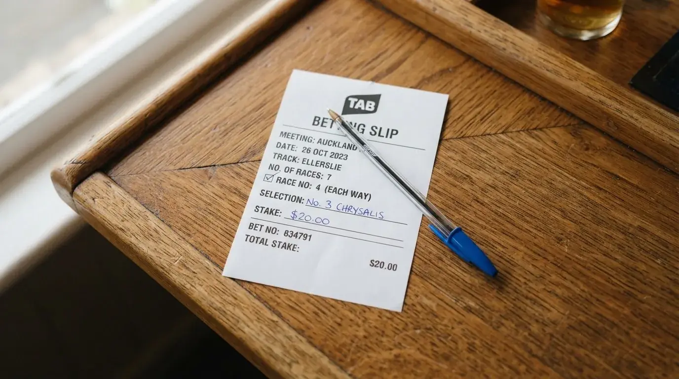 A blank paper betting slip beside a pen on a wooden counter