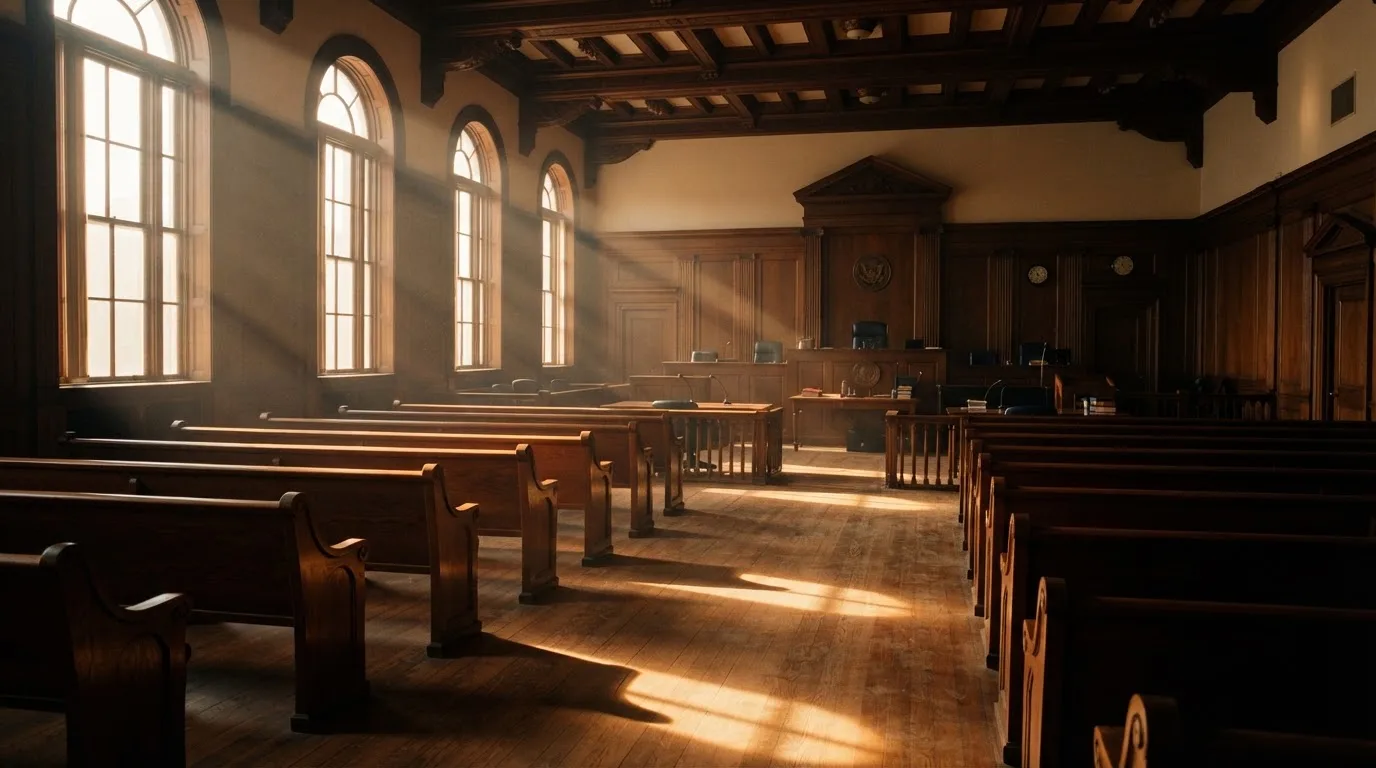 An empty courtroom with wooden benches in morning light