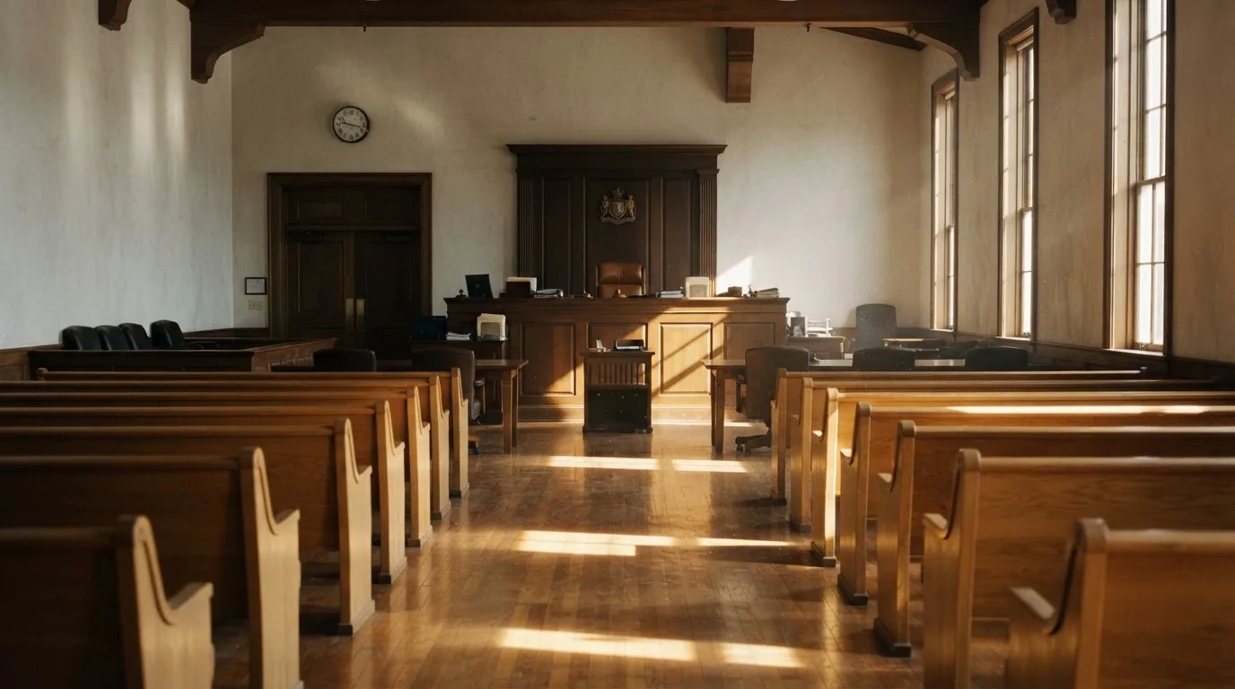 An empty courtroom with wooden benches in morning light