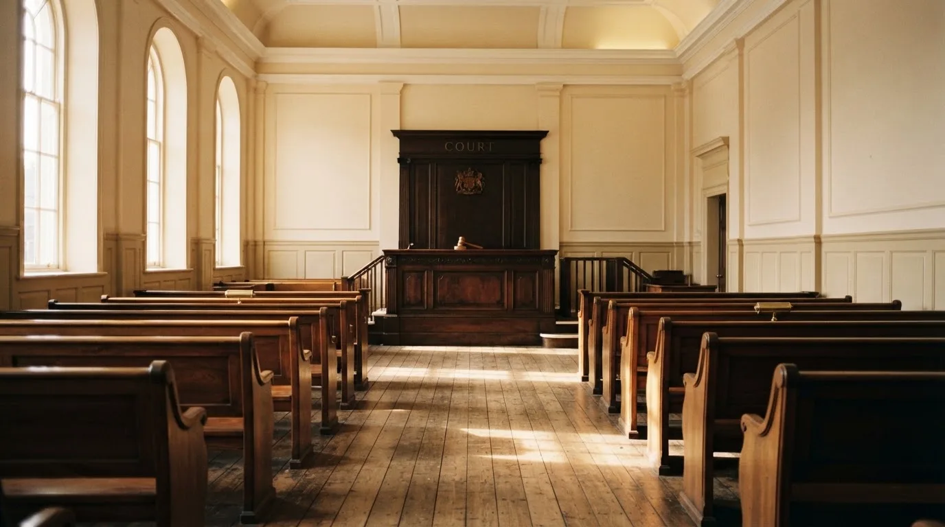 An empty courtroom with wooden benches in morning light