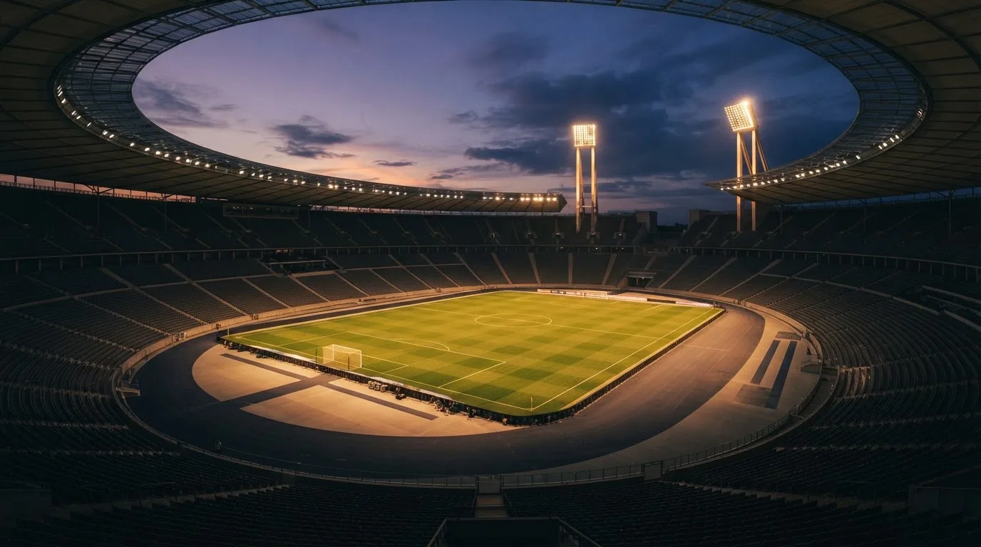 An empty football stadium with floodlight masts at dusk