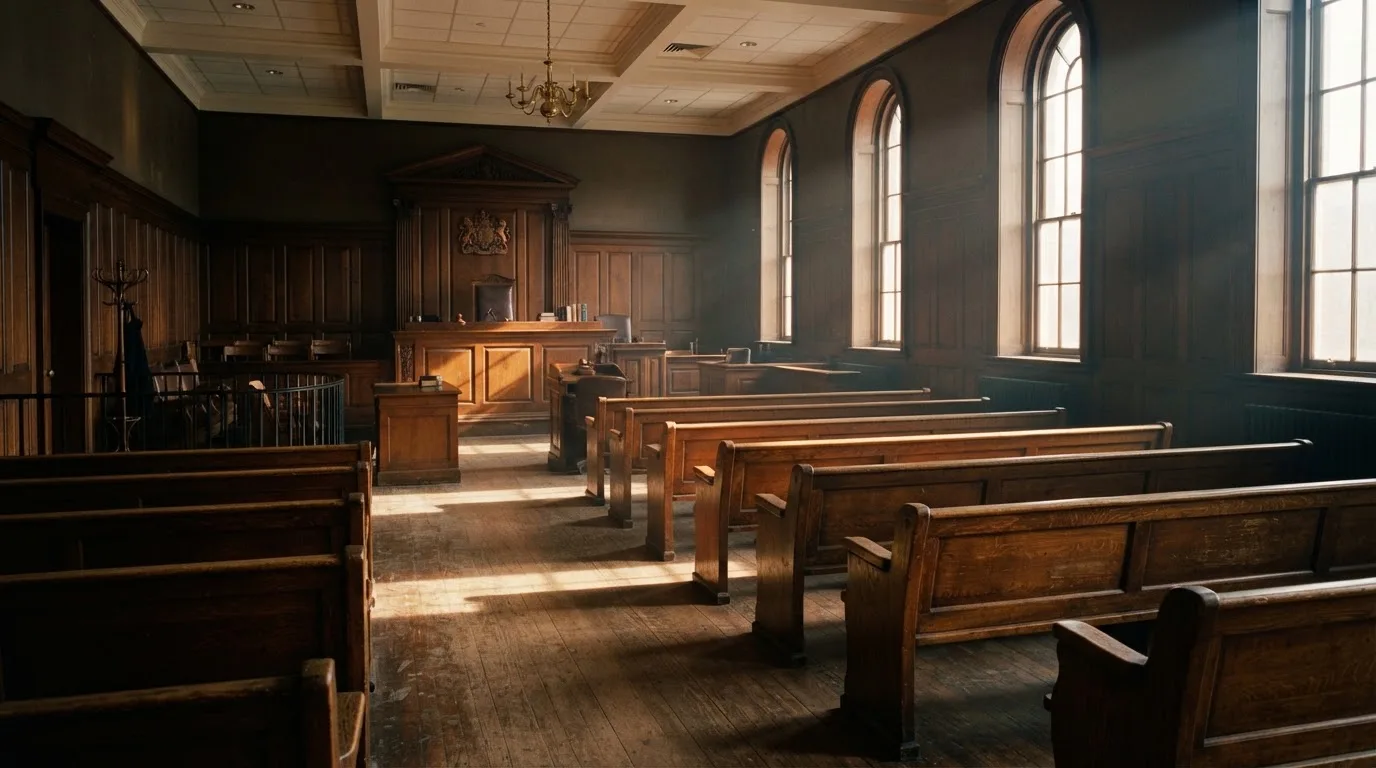 An empty courtroom with wooden benches in morning light