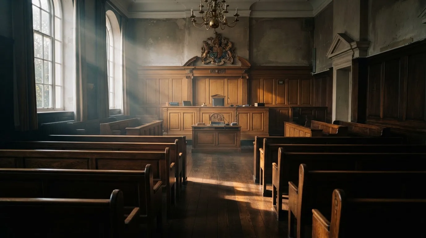 An empty courtroom with wooden benches in morning light