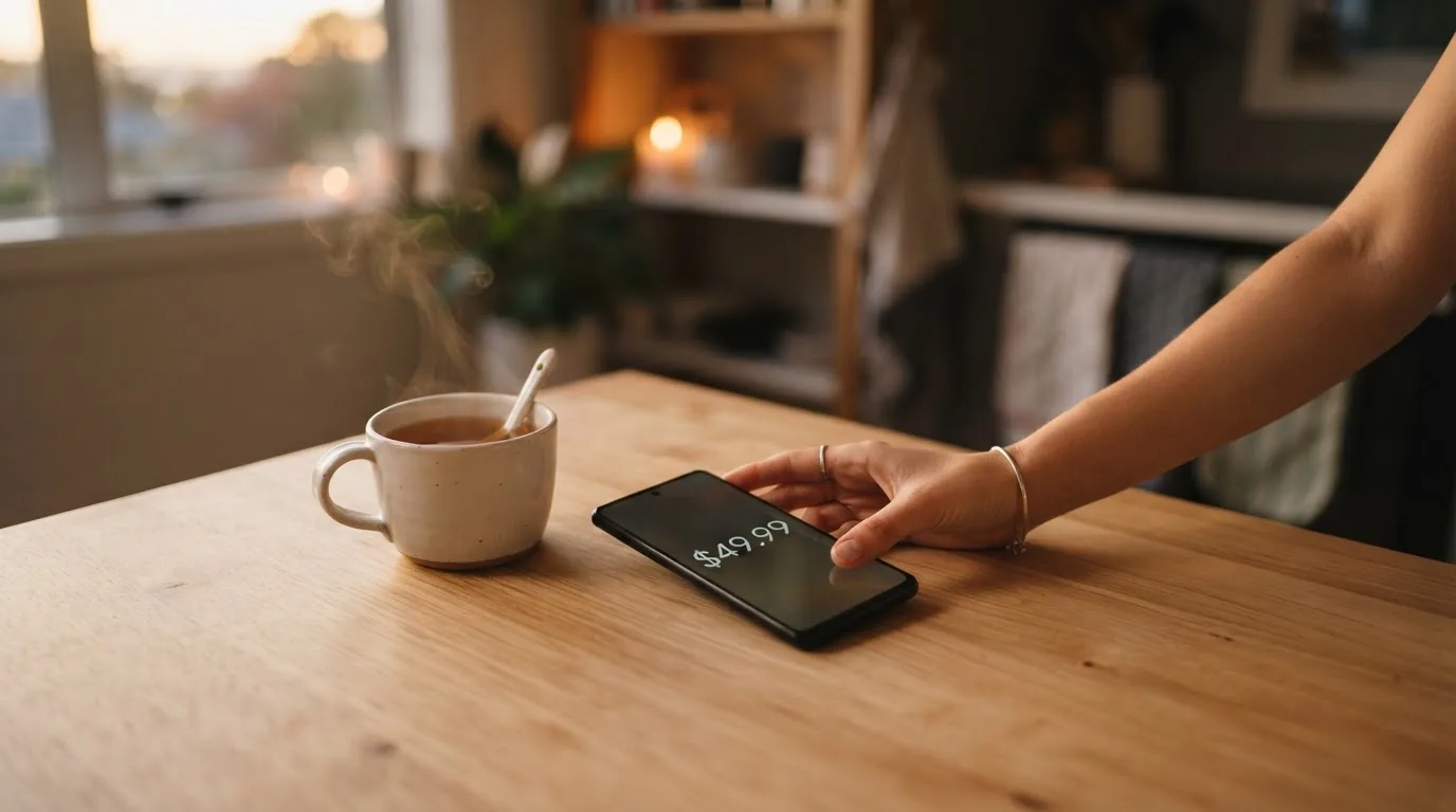 A hand setting a smartphone down beside a cup of tea on a kitchen table on a quiet evening