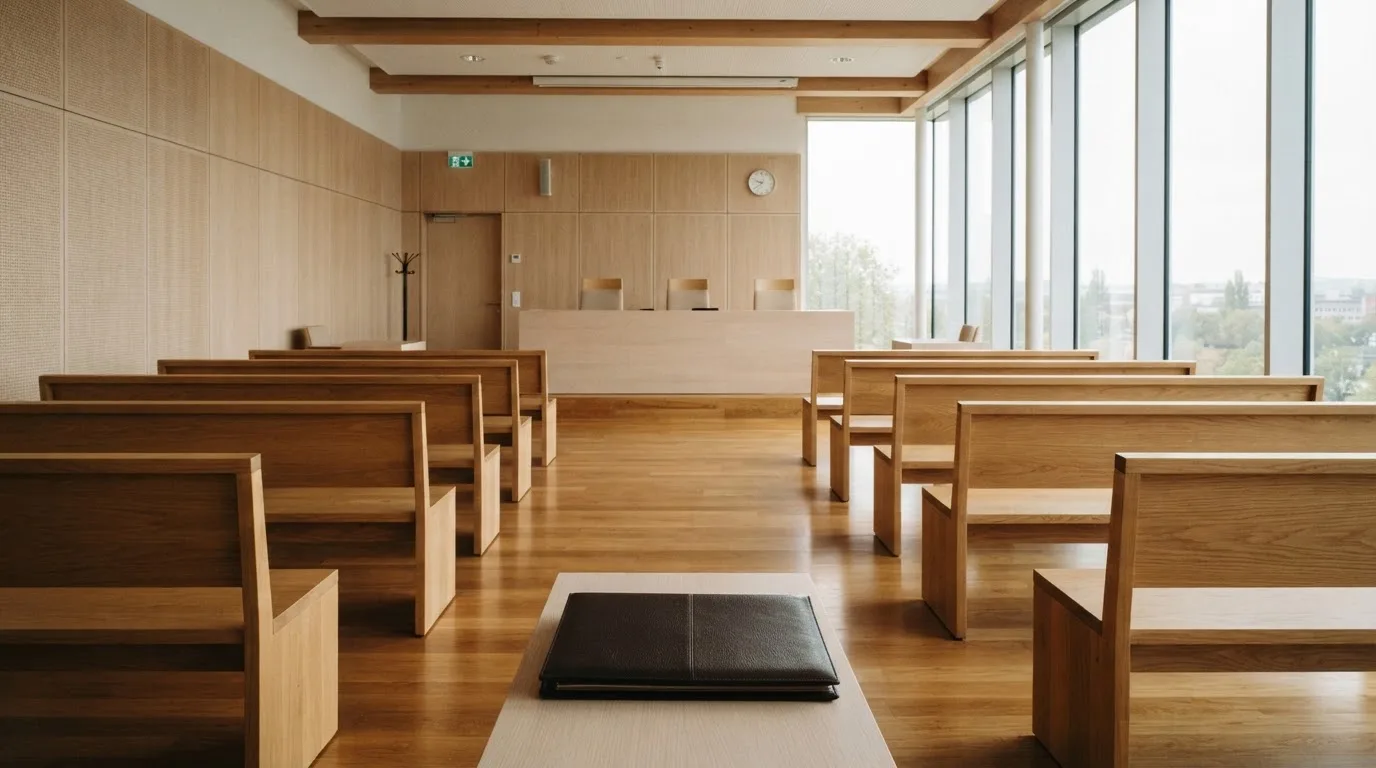 An empty courtroom with wooden benches in morning light