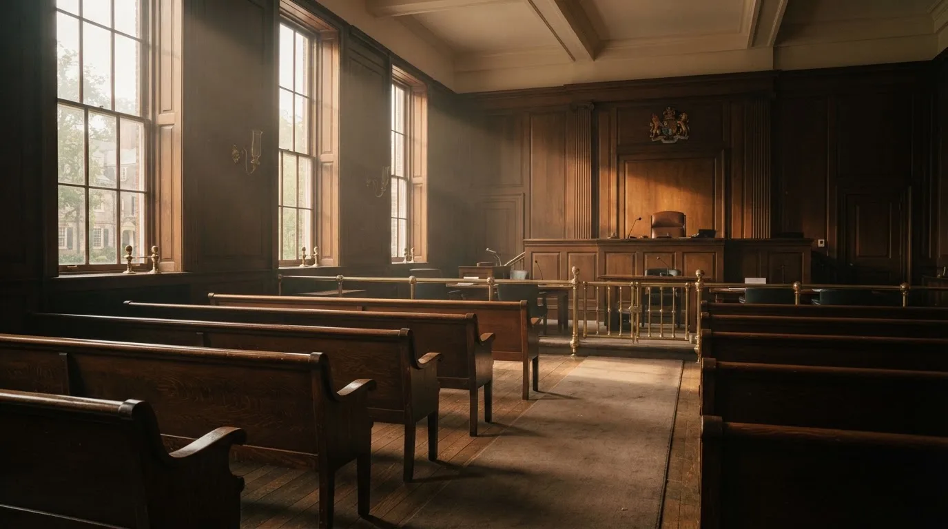 An empty courtroom with wooden benches in morning light
