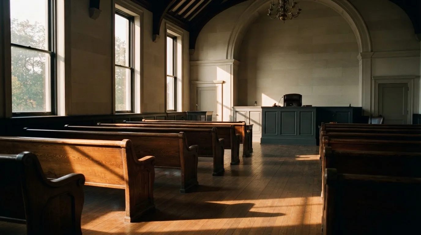 An empty courtroom with wooden benches in morning light