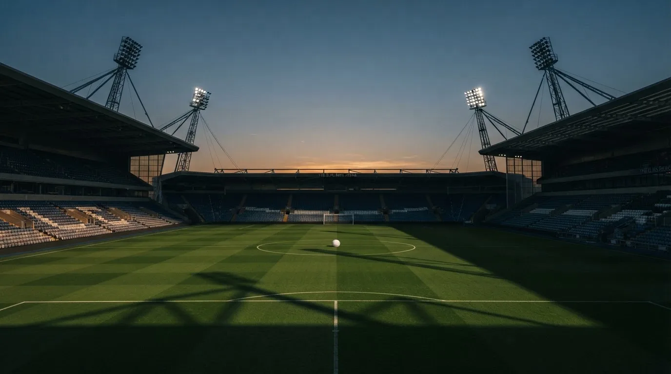 An empty football stadium with floodlight masts at dusk