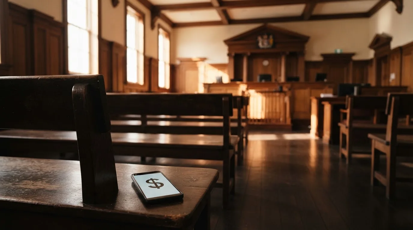 An empty courtroom with wooden benches in morning light