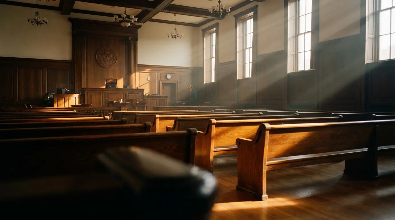 An empty courtroom with wooden benches in morning light