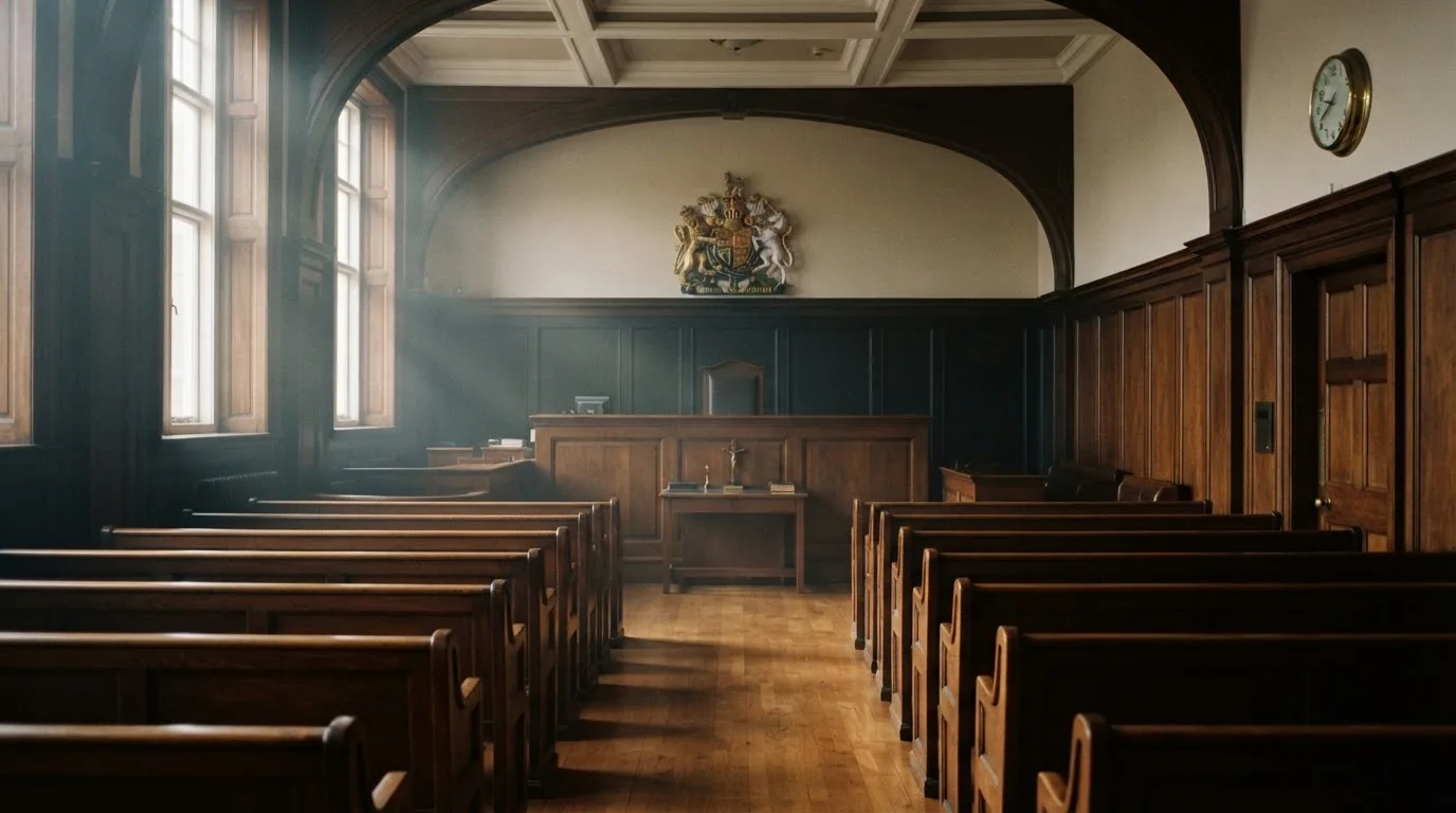 An empty courtroom with wooden benches in morning light