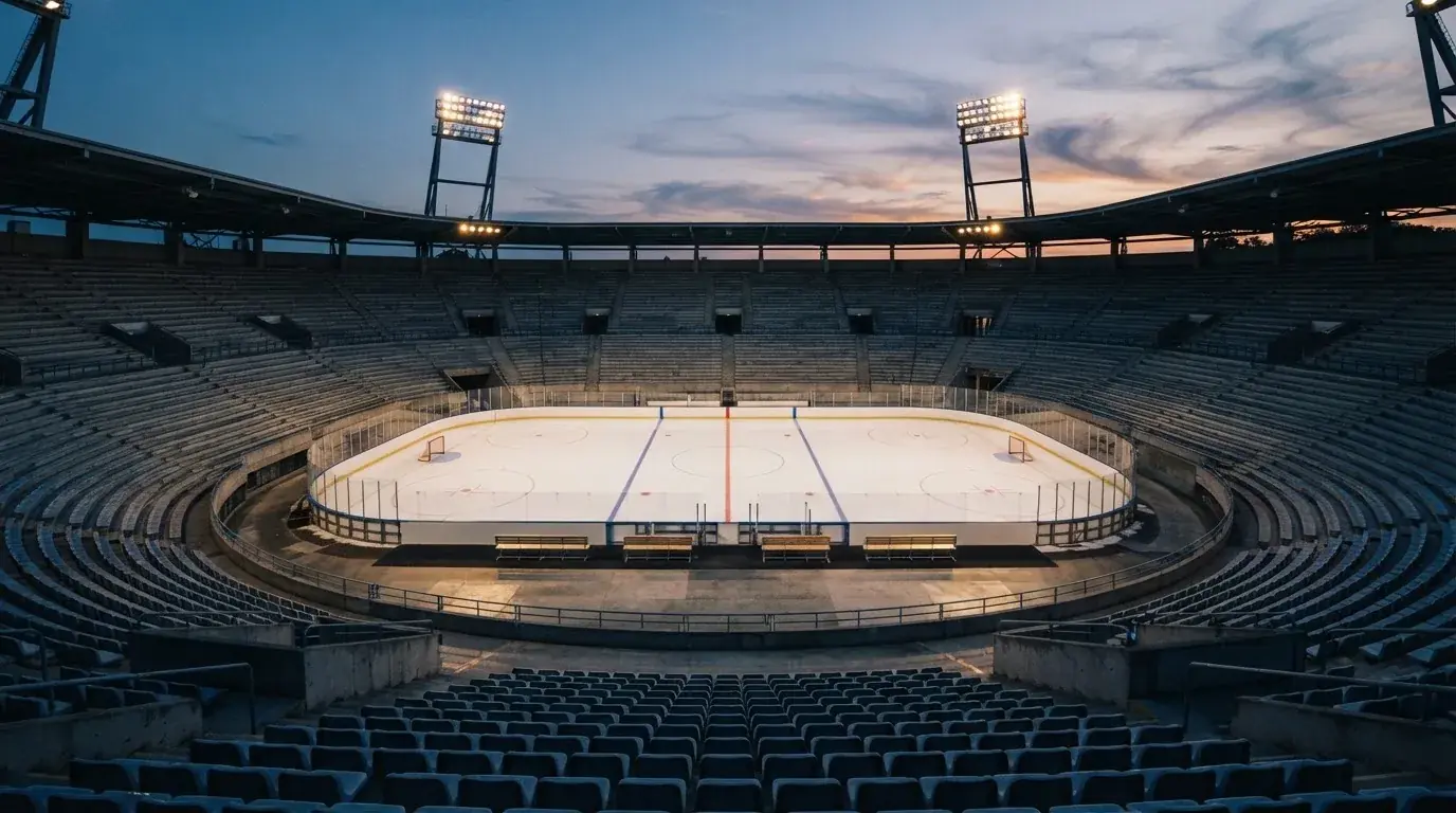 An empty football stadium with floodlight masts at dusk