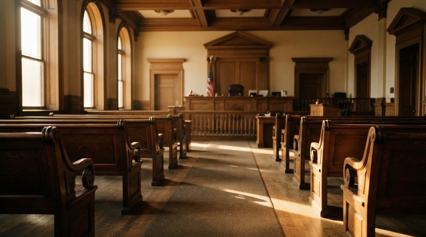 An empty courtroom with wooden benches in morning light