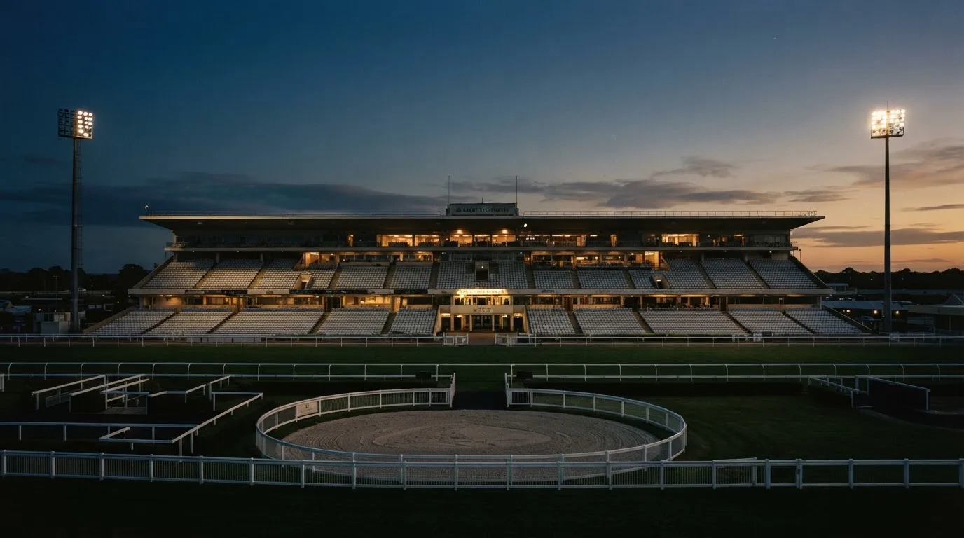 An empty football stadium with floodlight masts at dusk