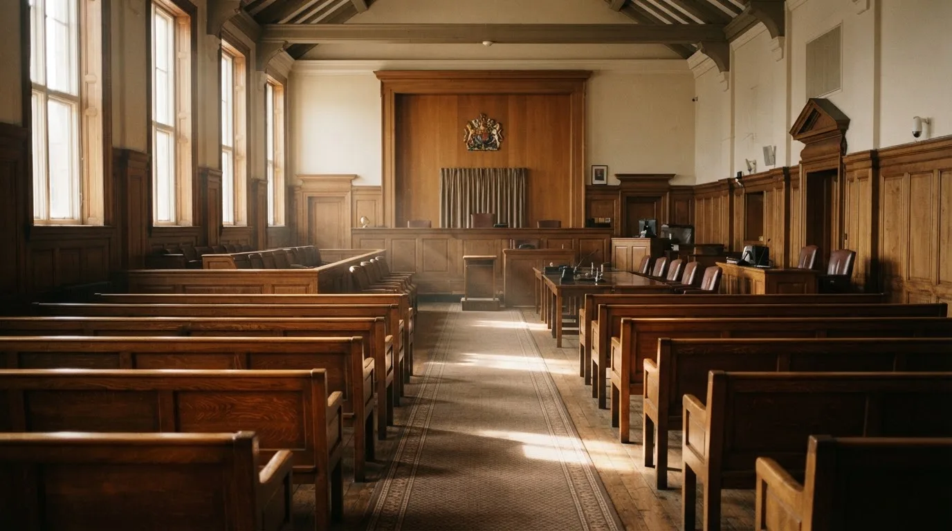 An empty courtroom with wooden benches in morning light