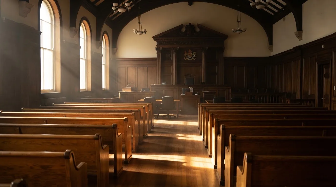 An empty courtroom with wooden benches in morning light