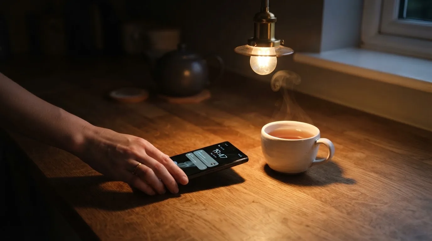 A hand setting a smartphone down beside a cup of tea on a kitchen table on a quiet evening