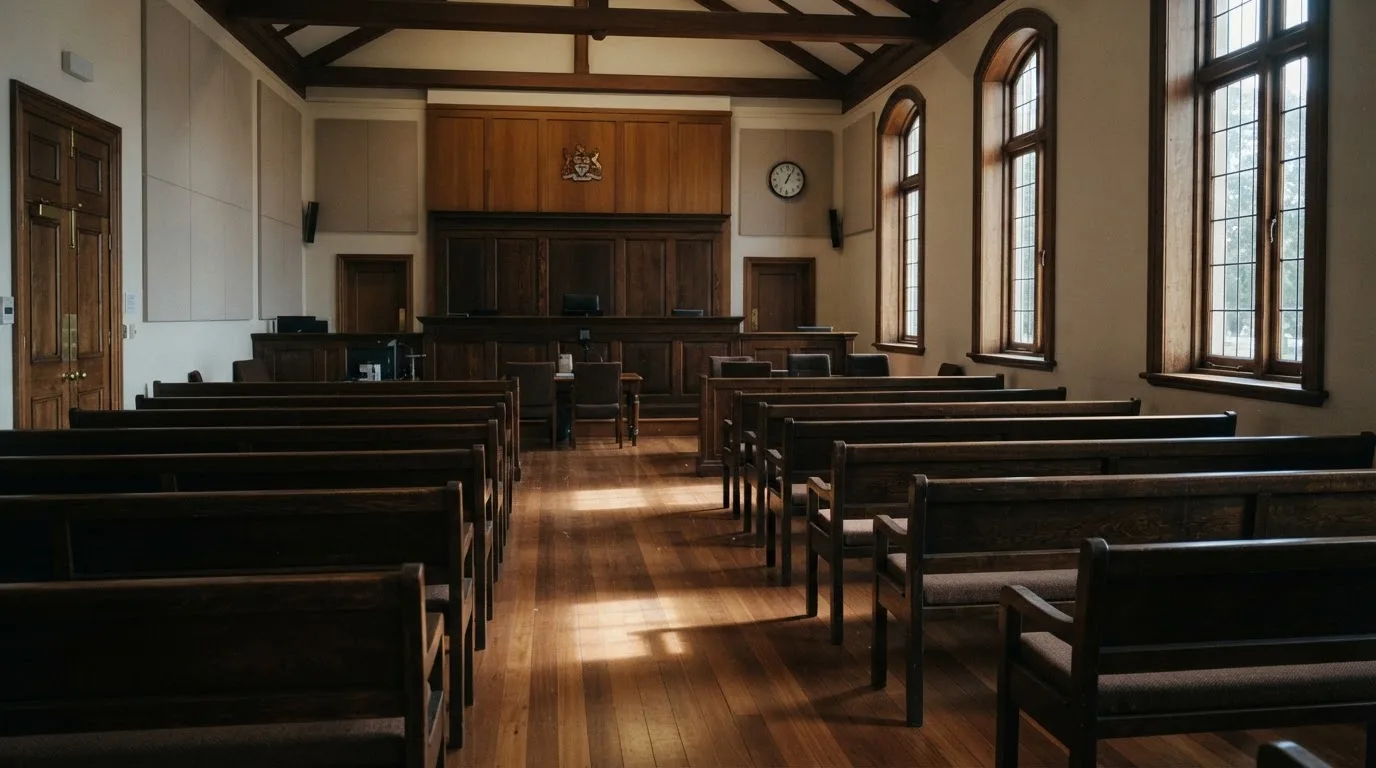 An empty courtroom with wooden benches in morning light