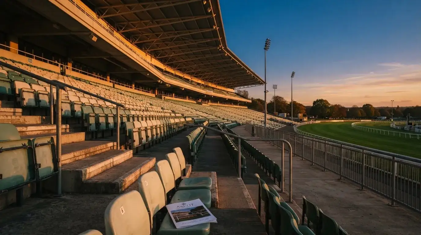 An empty football stadium with floodlight masts at dusk