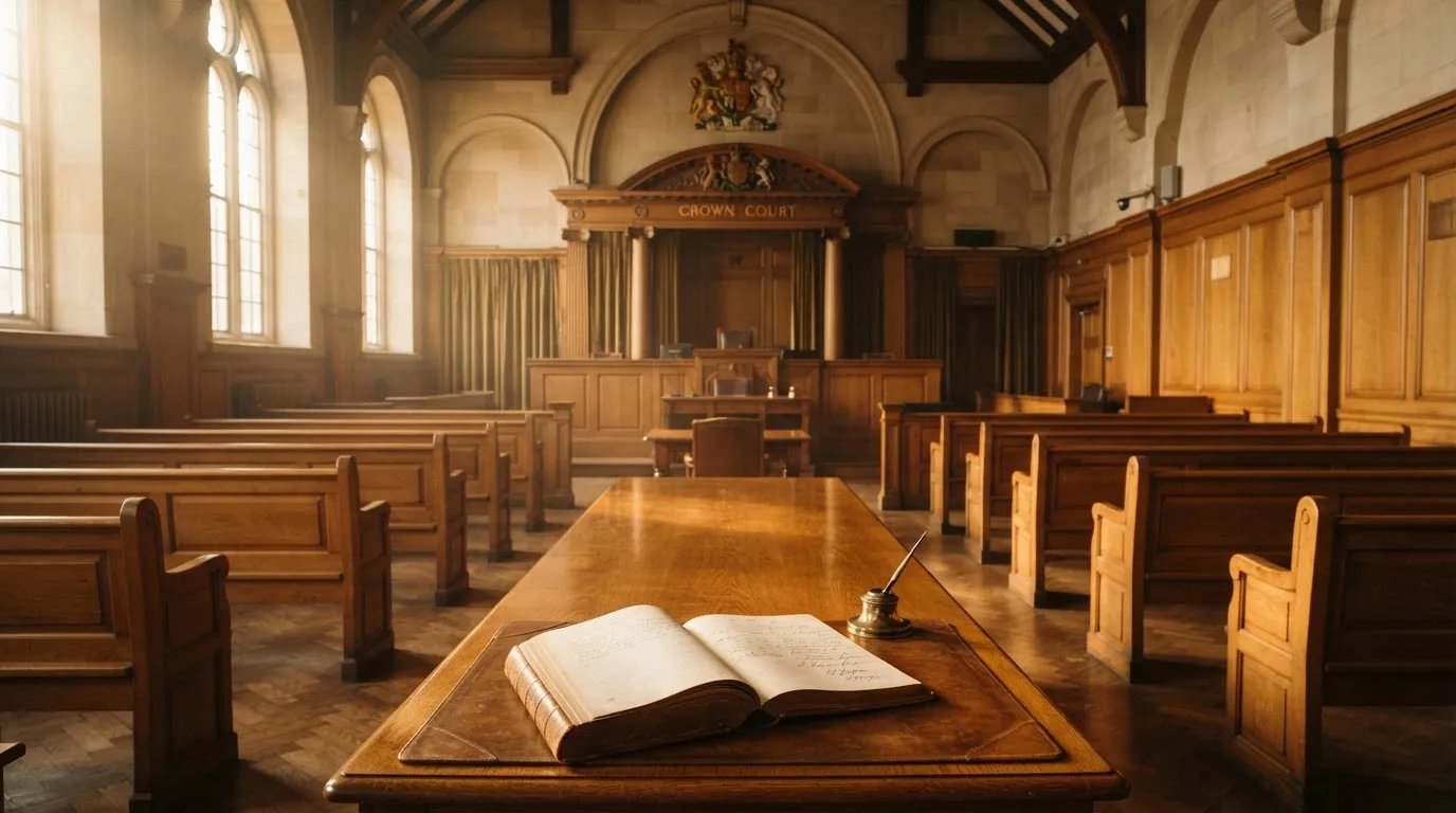 An empty courtroom with wooden benches in morning light