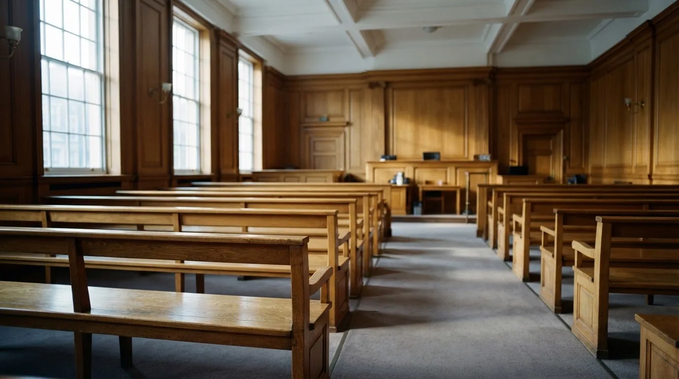 An empty courtroom with wooden benches in morning light