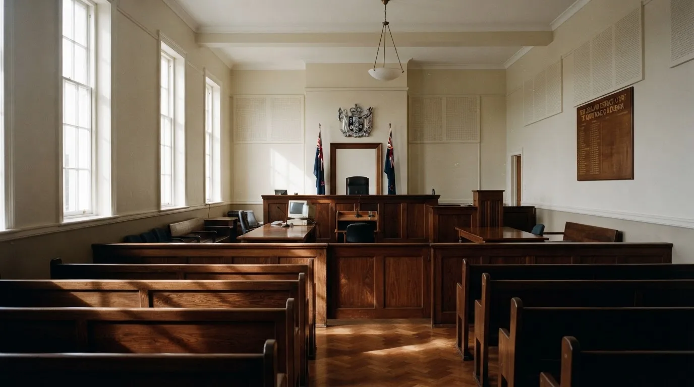 An empty courtroom with wooden benches in morning light