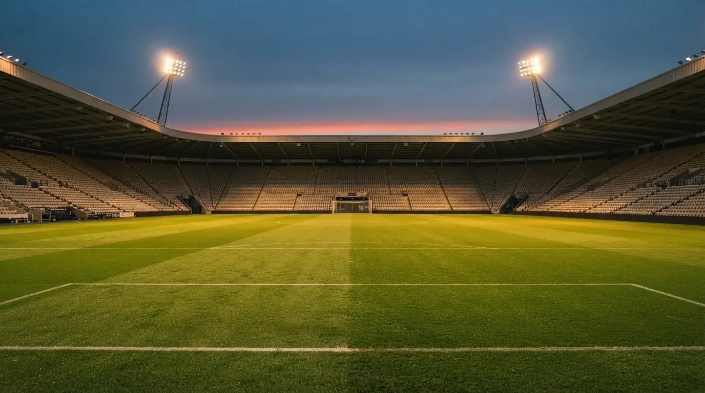 An empty football stadium with floodlight masts at dusk