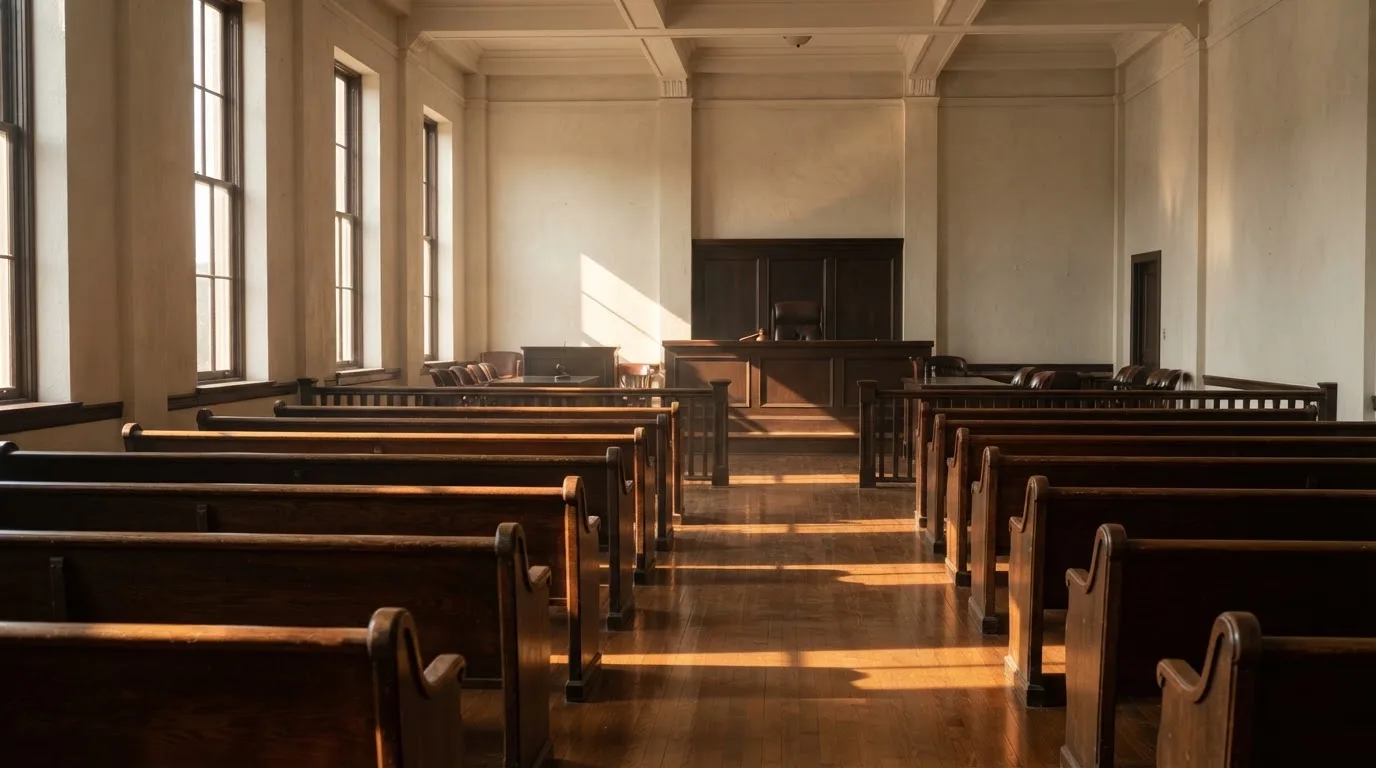 An empty courtroom with wooden benches in morning light
