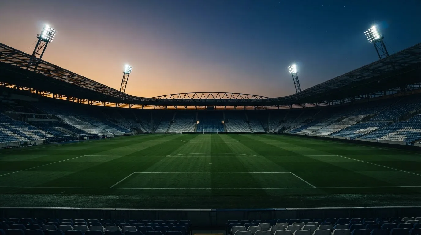 An empty football stadium with floodlight masts at dusk