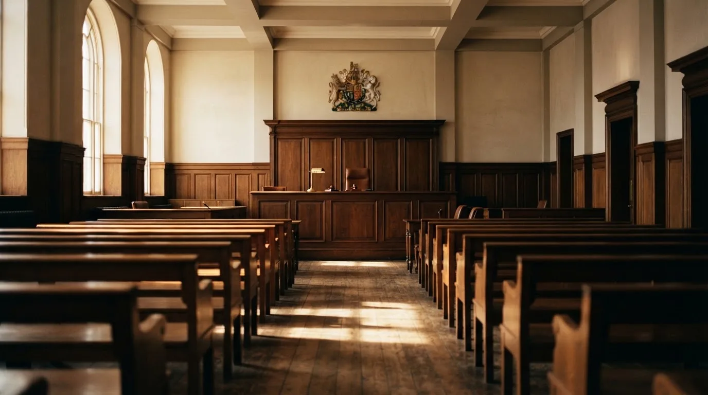 An empty courtroom with wooden benches in morning light