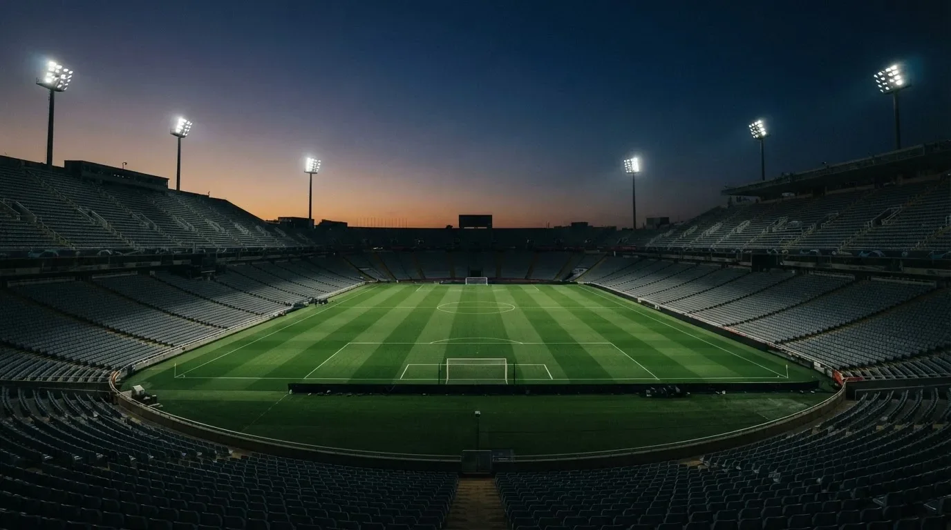 An empty football stadium with floodlight masts at dusk