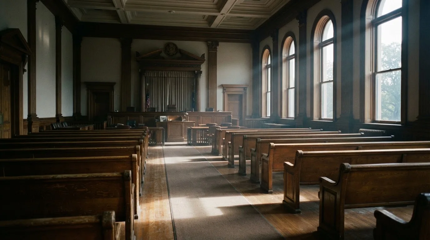 An empty courtroom with wooden benches in morning light